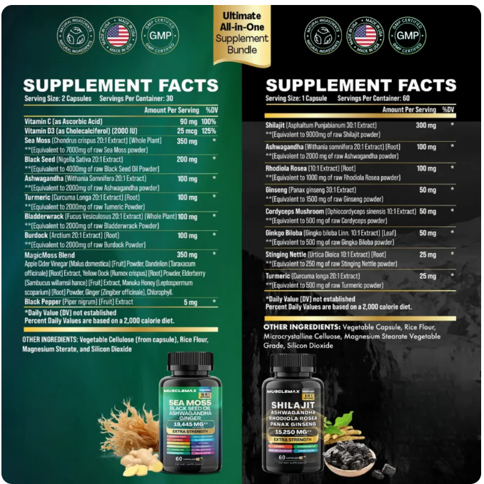 Shilajit + Ashwagandha + Rhodiola + Panax Ginseng – Fórmula 8 em 1 Para Energia, Foco e Vitalidade Total (60 Cápsulas)