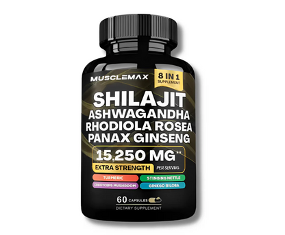 Shilajit + Ashwagandha + Rhodiola + Panax Ginseng – Fórmula 8 em 1 Para Energia, Foco e Vitalidade Total (60 Cápsulas)