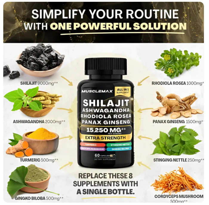 Shilajit + Ashwagandha + Rhodiola + Panax Ginseng – Fórmula 8 em 1 Para Energia, Foco e Vitalidade Total (60 Cápsulas)