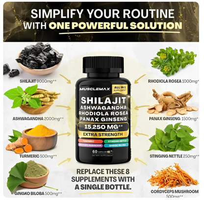 Shilajit + Ashwagandha + Rhodiola + Panax Ginseng – Fórmula 8 em 1 Para Energia, Foco e Vitalidade Total (60 Cápsulas)